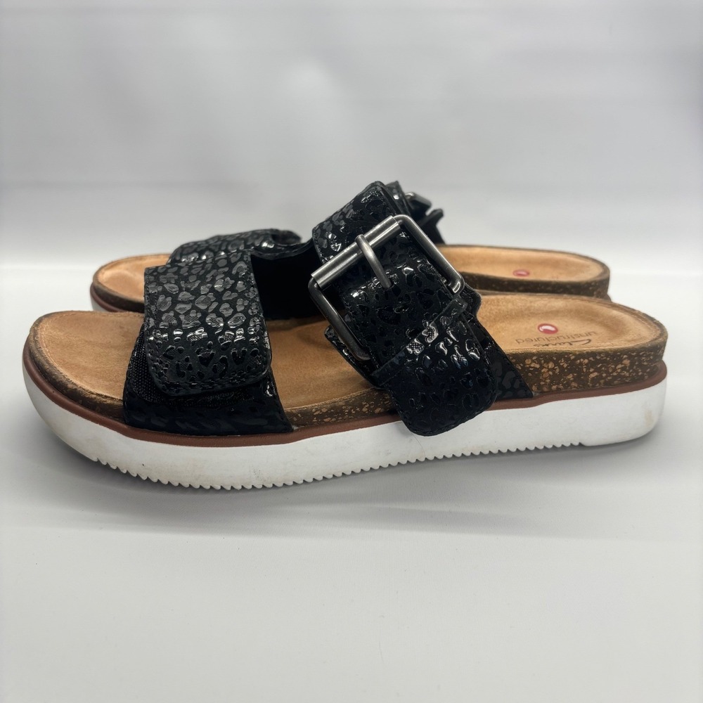 Clarks Elayne Ease Strap Sandals Women 8 Black Leopard Print Unstructured Slide - Picture 3 of 10